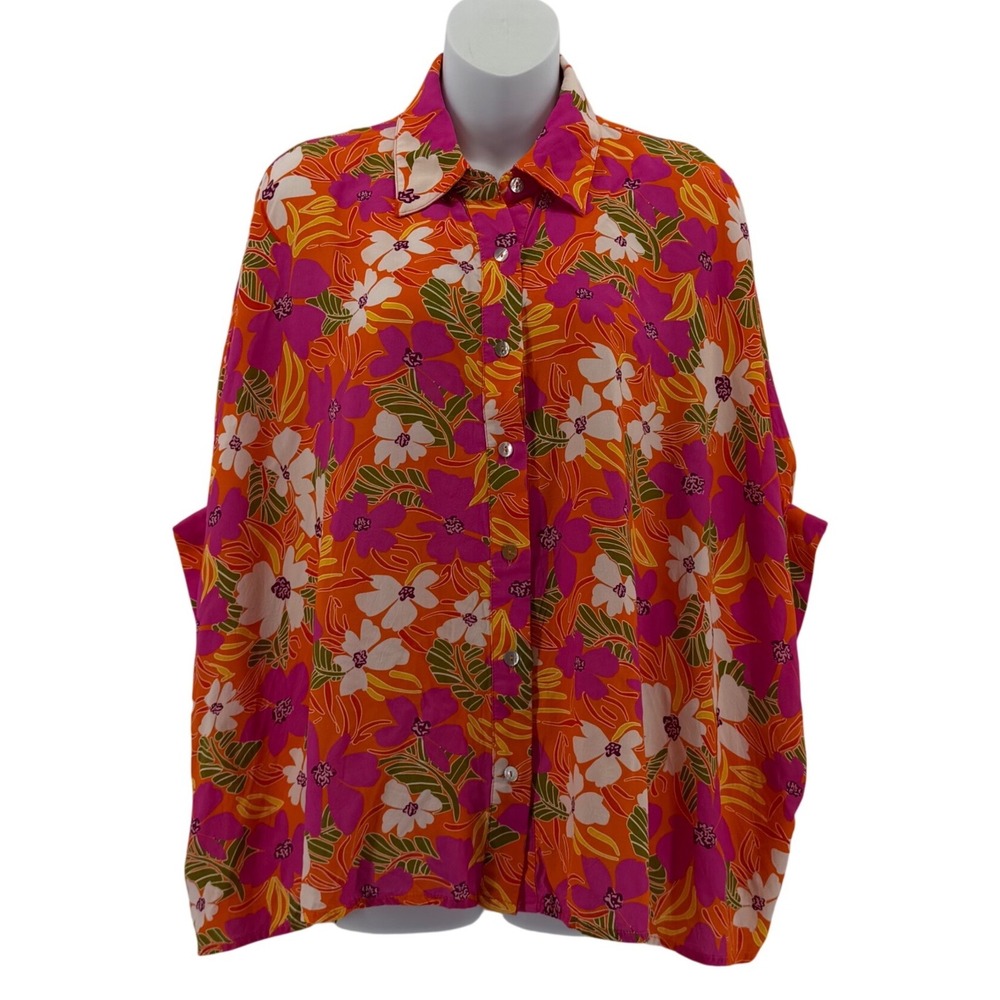 Entro Floral Rayon Button Down Shirt Women SM Orange Pink Tropical Boho Summer